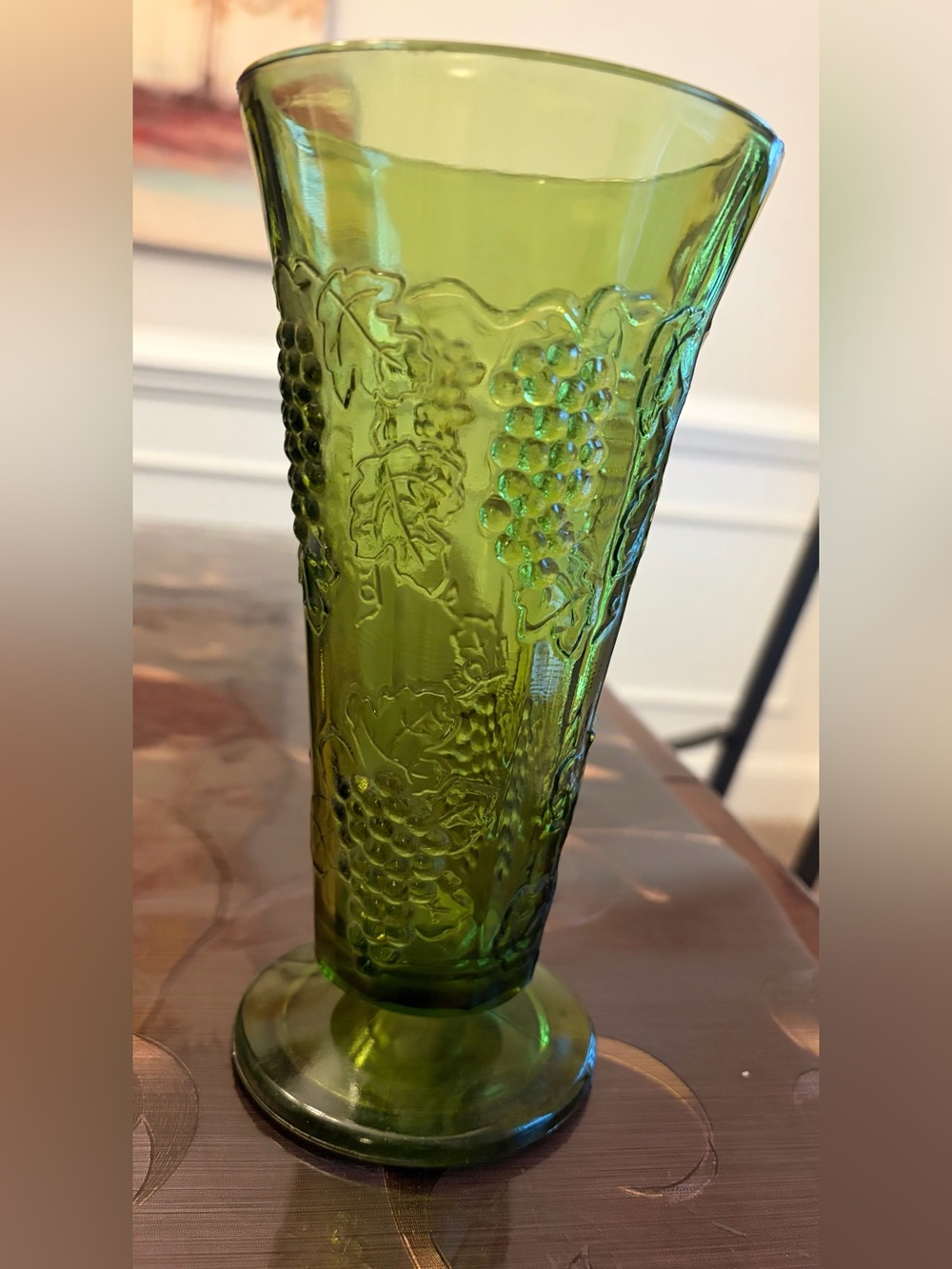 Vintage Green Pressed Glass Vase with Grape Motif